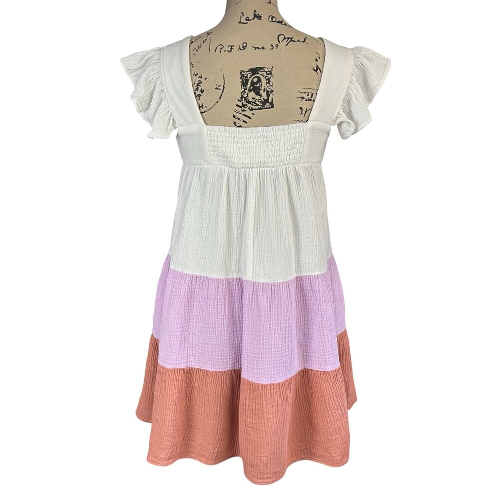 Vici Babydoll Tiered Dress Small White Lavender Terracotta Colorblock Gauze Mini - Picture 4 of 13